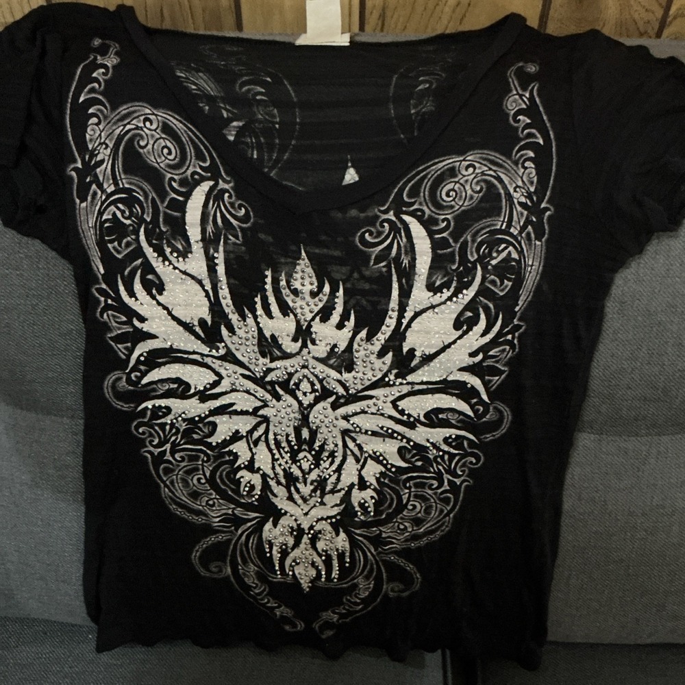 Vocal Affliction Style Rhinestone Bling Grunge Y2K Top Short Sleeve Black Large